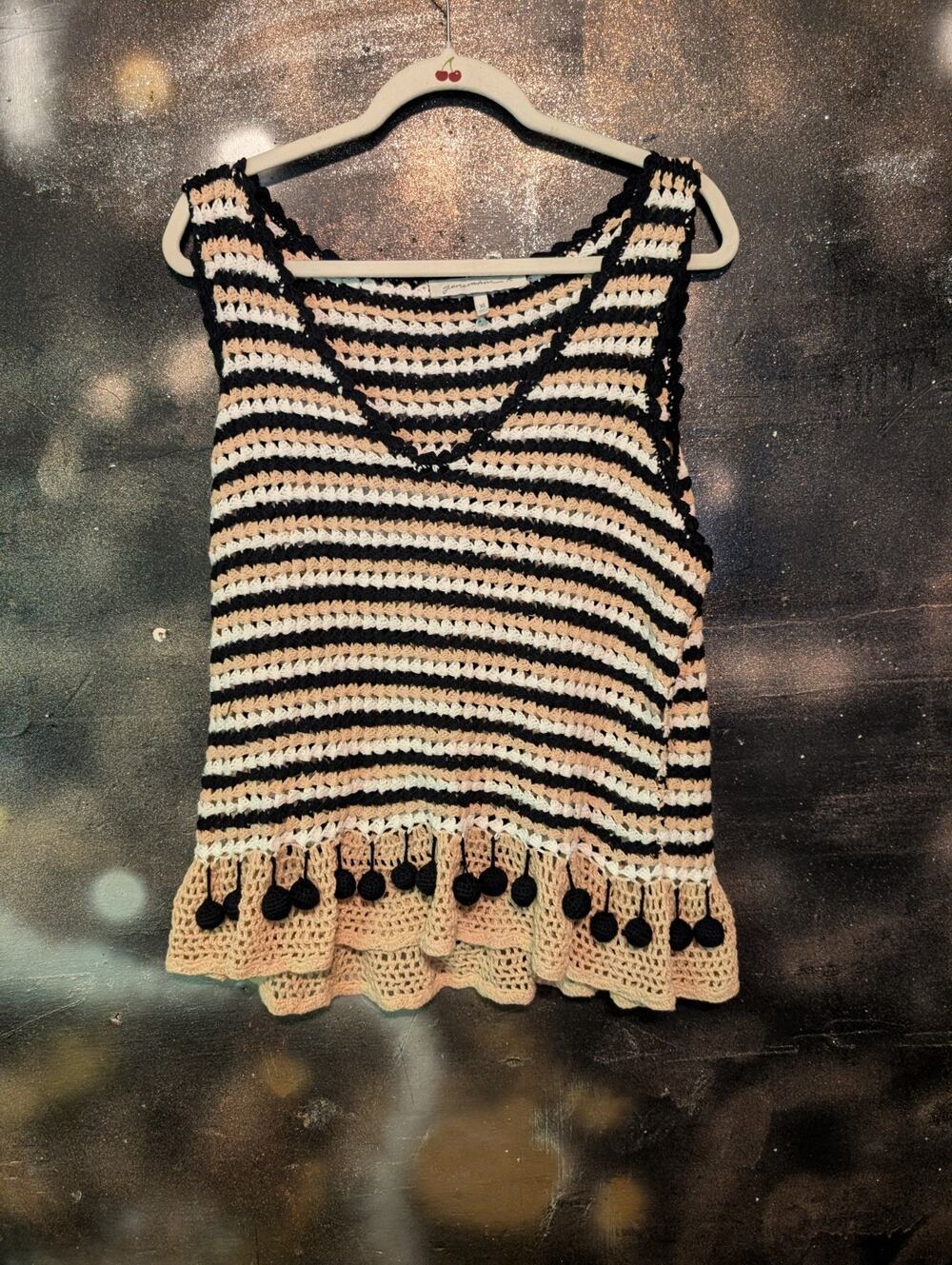 Generation K XL Crochet Tank Top Striped Boho Pom Pom Hem Cotton Sleeveless